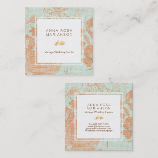 *~*のヴィンテージのリネン金ゴールドの青銅の花柄のターコイズ スクエア名刺 (正面/裏面)