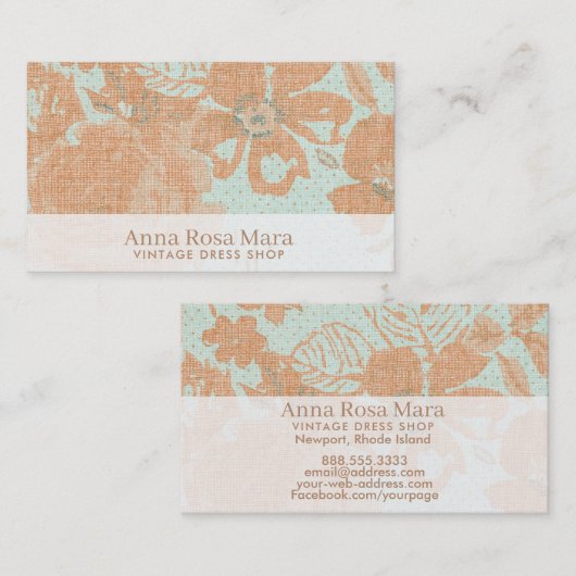 *~*のヴィンテージのリネン青銅色の金ゴールドの花柄のターコイズ 名刺 (正面/裏面)
