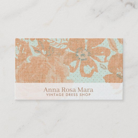 *~*のヴィンテージのリネン青銅色の金ゴールドの花柄のターコイズ 名刺 (正面)