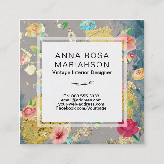 *~*のヴィンテージモダンな花パターン金ゴールドのグリッター スクエア名刺 (裏面)