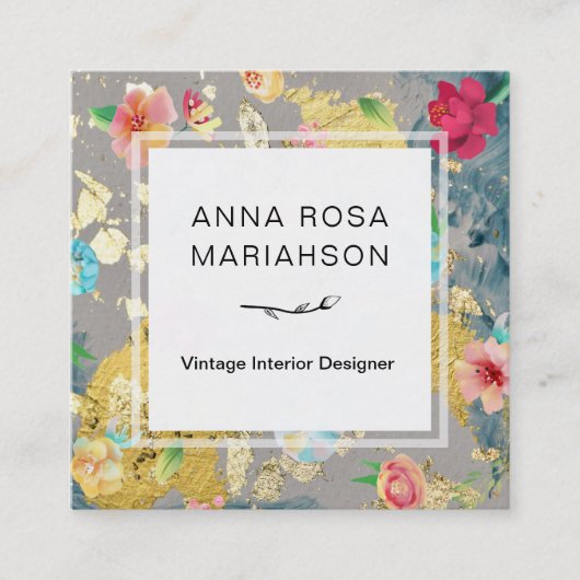 *~*のヴィンテージモダンな花パターン金ゴールドのグリッター スクエア名刺 (正面)