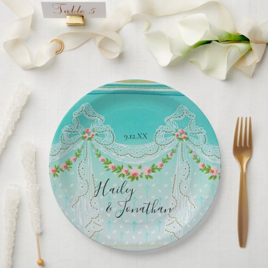 のヴィンテージ結婚アールヌーボー複雑なピンクフローラ ペーパープレート (ウェディング)