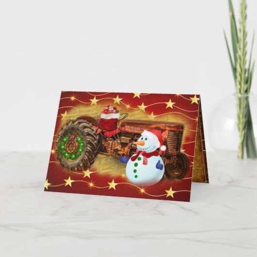 のヴィンテージ霜の降りたレッドトラクタークリスマス シーズンカード (正面)