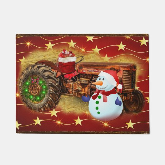 のヴィンテージ霜の降りたレッドトラクタークリスマス ドアマット (正面)