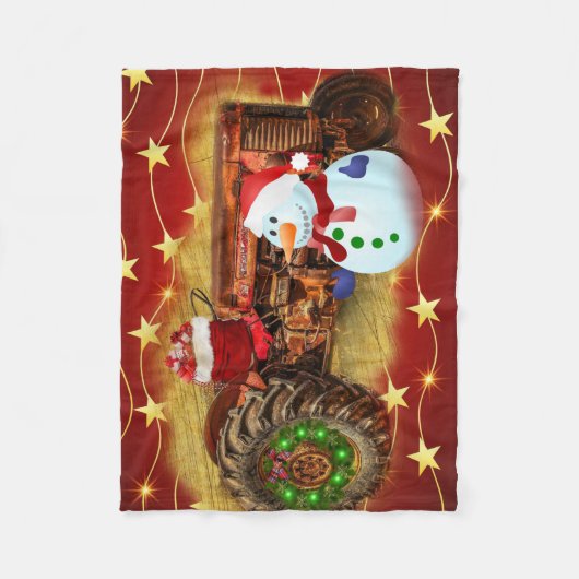 のヴィンテージ霜の降りたレッドトラクタークリスマス フリースブランケット (正面)