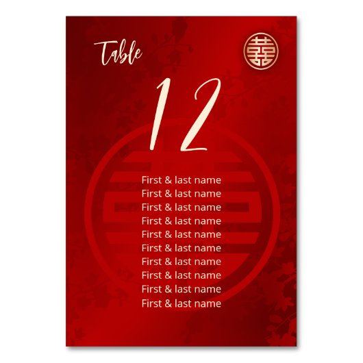 の中国の結婚ゲスト名 テーブルナンバー (正面)