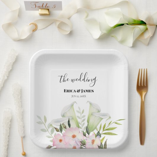 の優し結婚い白いカラリリーバラありがとうSq ペーパープレート (ウェディング)