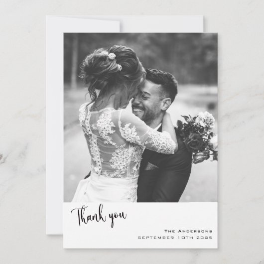 の写真シンプルを使用したミニマ結婚リストのスクリプト サンキューカード (正面)