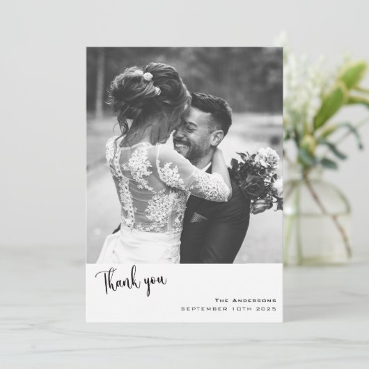 の写真シンプルを使用したミニマ結婚リストのスクリプト サンキューカード (スタンド正面)