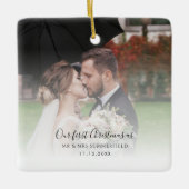 の写真結婚カップルの最初のクリスマスとミセス セラミックオーナメント (正面)
