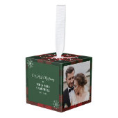 の写真結婚カップル初めてのクリスマスプレイド キューブオーナメント (正面アングル)