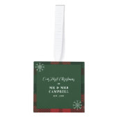 の写真結婚カップル初めてのクリスマスプレイド キューブオーナメント (正面)