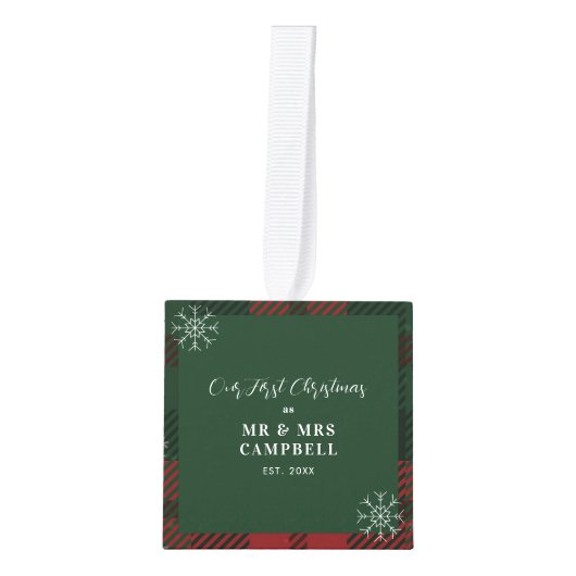 の写真結婚カップル初めてのクリスマスプレイド キューブオーナメント (正面)