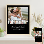 の写真結婚コラージグジグザグ写真ストリップカスタム ポスター<br><div class="desc">の写真結婚コラージュのポスターとパーソナライズされた文字とジグザグの写真ストリップ。テンプレートは5枚の写真を追加する準備ができている。メインの写真は背景として使用され、残りの4枚の写真は下に沿ってジグザグの写真ストリップにレイアウトされる。このデザインは黒い背景、黒い写真素晴らしのフレーム、白いエレガントタイポグラフィを持ち、完全に編集可能である。</div>