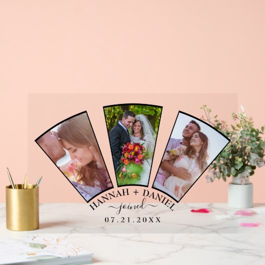 の写真結婚コラージファン形状名前をカスタムする日付 アクリルサイン (ウェディング)