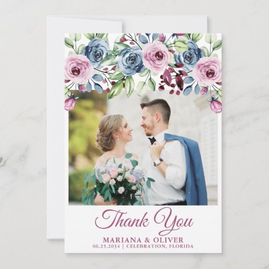 の写真結婚サンキューカードネイビーブルーワインフローラ 招待状 (正面)