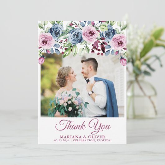 の写真結婚サンキューカードネイビーブルーワインフローラ 招待状 (スタンド正面)