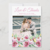 の写真結婚サンキューカードピンク黄色フローラ 招待状 (正面)