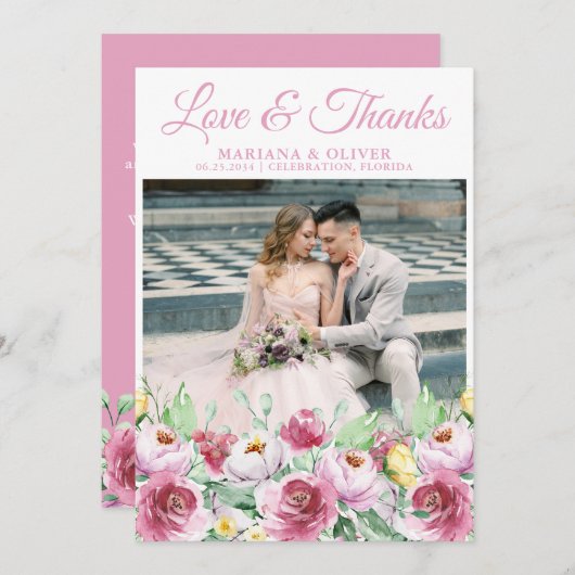 の写真結婚サンキューカードピンク黄色フローラ 招待状 (正面/裏面)