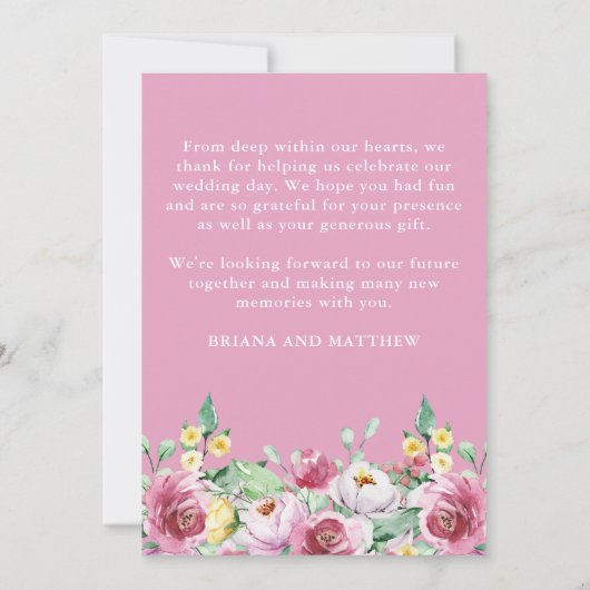 の写真結婚サンキューカードピンク黄色フローラ 招待状 (裏面)