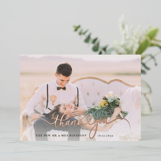 の写真結婚バラゴールドフォイルサンキューカード 箔招待状 (立ち正面)