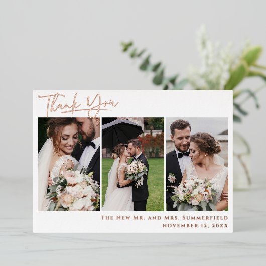 の写真結婚バラゴールドフォイルスクリプトサンキューカード 箔招待状 (立ち正面)