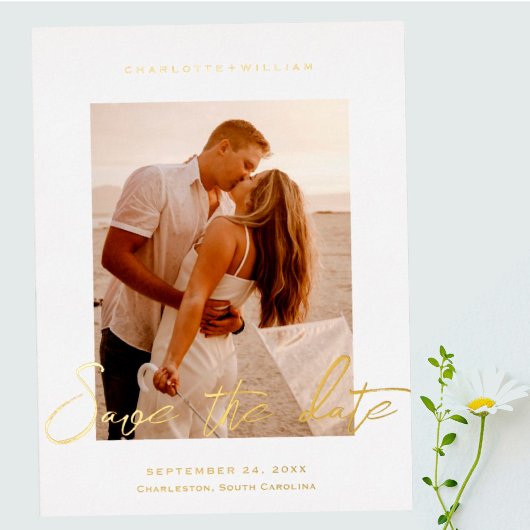 の写真結婚日付の保存 箔招待状ポストカード