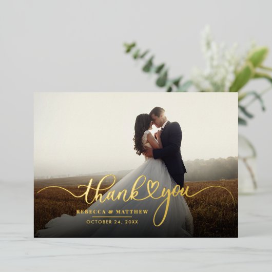 の写真結婚書道ありがとう金ゴールド 箔招待状 (立ち正面)