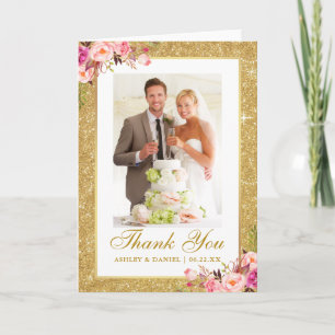 の写真結婚金ゴールドグリッターピンクフローラ折り曲げ サンキューカード