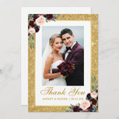 の写真結婚金ゴールドグリッターブルゴーニュブルーフローラ サンキューカード (正面/裏面)