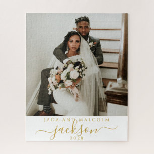 の写真結婚金ゴールド名モノグラム ジグソーパズル