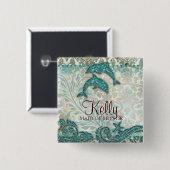 の名前タグ結婚ボタンスパークルドルフィンズティール(緑がかった色) 缶バッジ (正面&裏面)