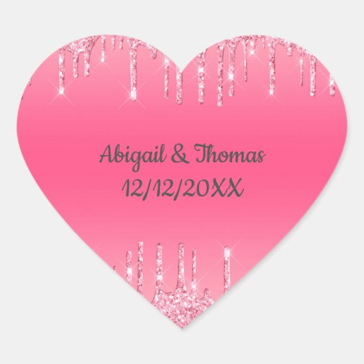 の名前結婚日付ピンクドリッピンググリッタートレンディー ハートシール (正面)
