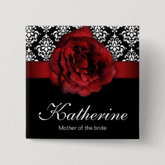 の名結婚前タグボタン赤ローズダマスク 缶バッジ (正面)