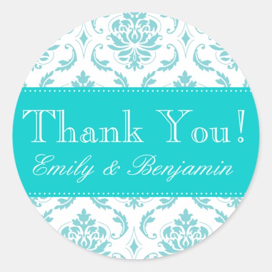 の名結婚前Aqua Damask Thank You Labels ラウンドシール (正面)