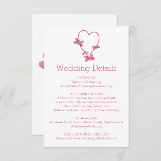 の囲結婚いカードピンクのハート蝶 エンクロージャーカード (正面/裏面)