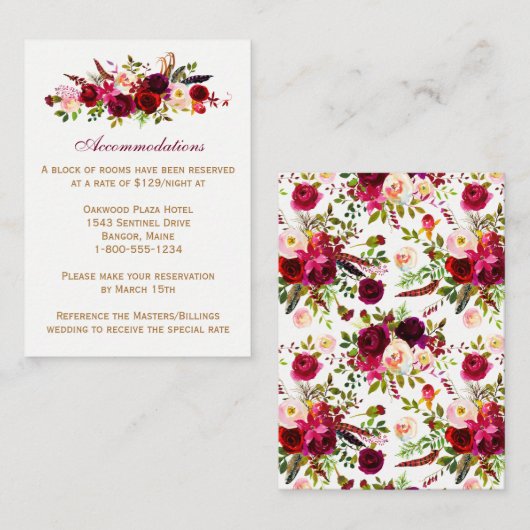 の囲結婚いカード – ブルゴーニュフローラ、羽毛 エンクロージャーカード (正面/裏面)