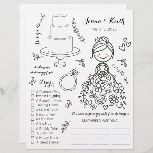 の図解入りの、写真付きの結婚キッズアクティビティページ (正面/裏面)