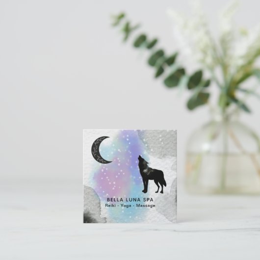 *~*の宇宙月の遠ぼえのオオカミの虹のシャーマン スクエア名刺 (スタンド正面)