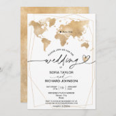 の宛先結婚金ゴールドワールドマップフレーム 招待状 (正面/裏面)