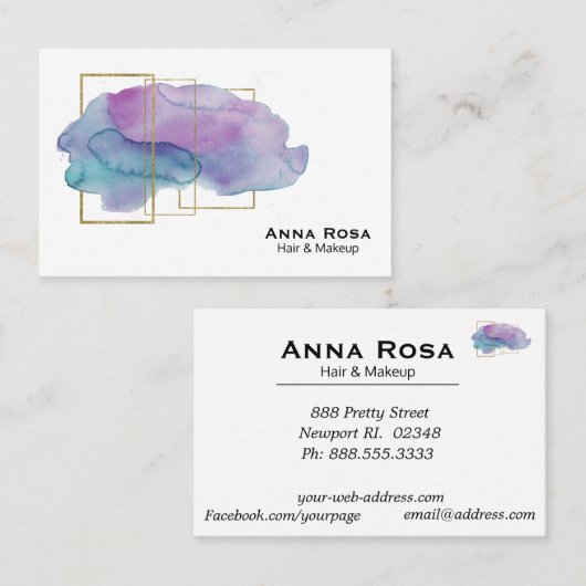 *~*の幾何学的でガーリーな金ゴールドの紫色のマゼンタの水彩画 名刺 (正面/裏面)