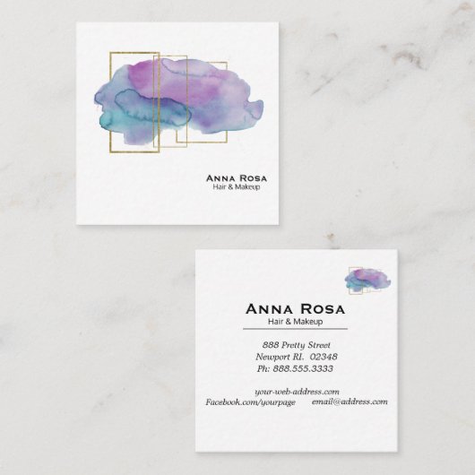 *~*の幾何学的な金ゴールドのシックな紫色のマゼンタの水彩画 スクエア名刺 (正面/裏面)