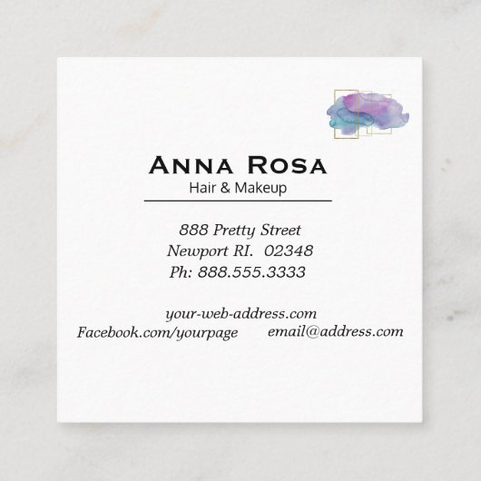 *~*の幾何学的な金ゴールドのシックな紫色のマゼンタの水彩画 スクエア名刺 (裏面)