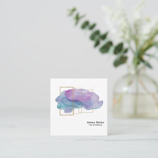*~*の幾何学的な金ゴールドのシックな紫色のマゼンタの水彩画 スクエア名刺 (スタンド正面)