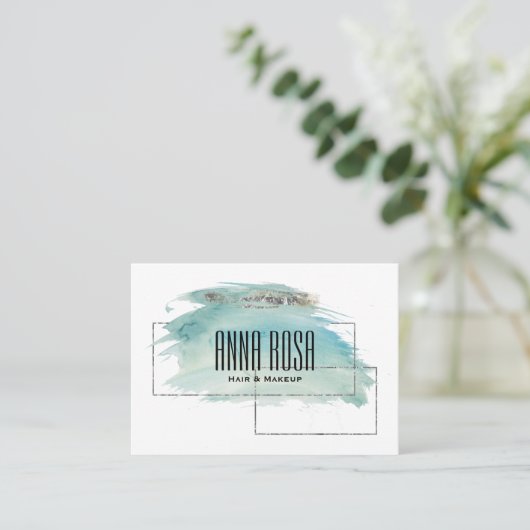 *~*の幾何学的な銀製のガーリーなターコイズの水彩画 名刺 (スタンド正面)