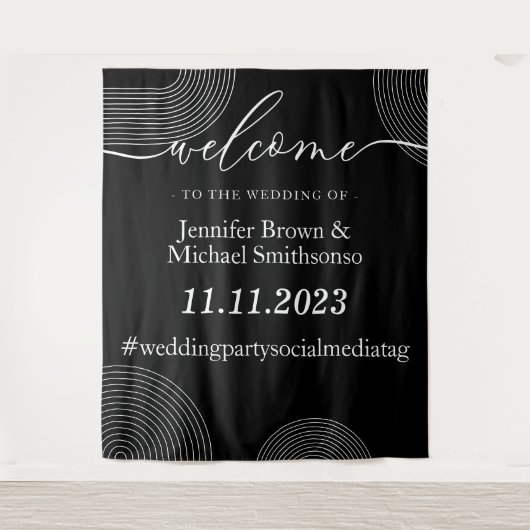 の幾何学的結婚黒シンプルへようこそ タペストリー (正面)