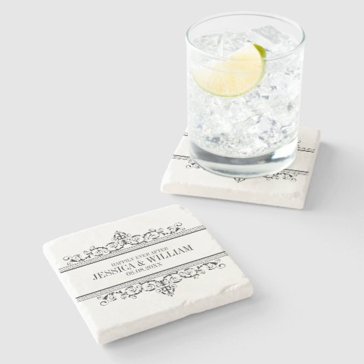 ～の後ずっと幸せに暮らす黒いヴィンテージのフレーム ストーンコースター (横)