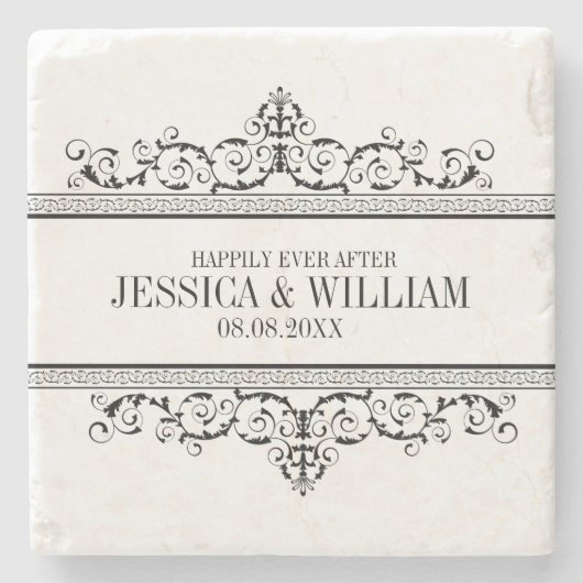 ～の後ずっと幸せに暮らす黒いヴィンテージのフレーム ストーンコースター (正面)