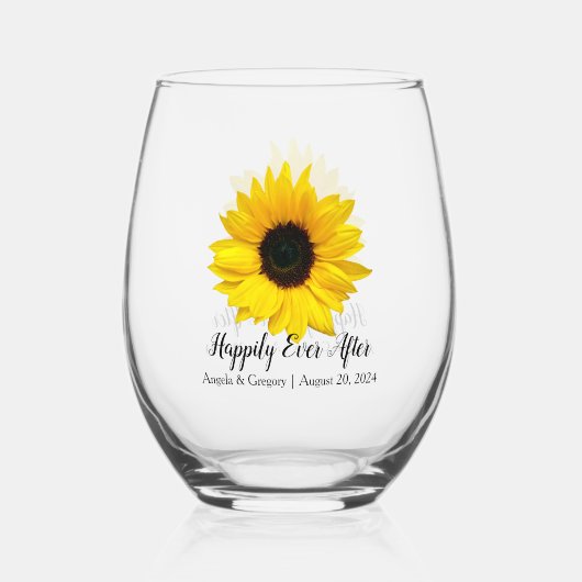 の後ずっと幸せに黄色のひまわり結婚は ステムなしワイングラス (正面)