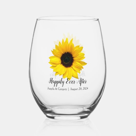 の後ずっと幸せに黄色のひまわり結婚は ステムなしワイングラス (裏面)